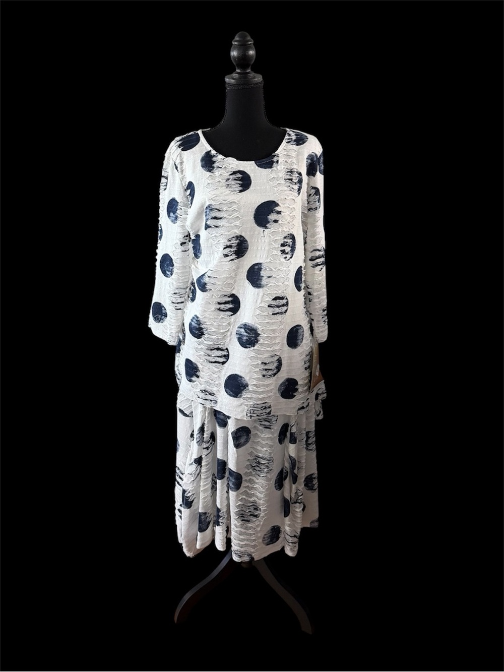 Donna by Donna Vinci 2pc White with Navy Polka Dot Skirt Set, NWT Size XL